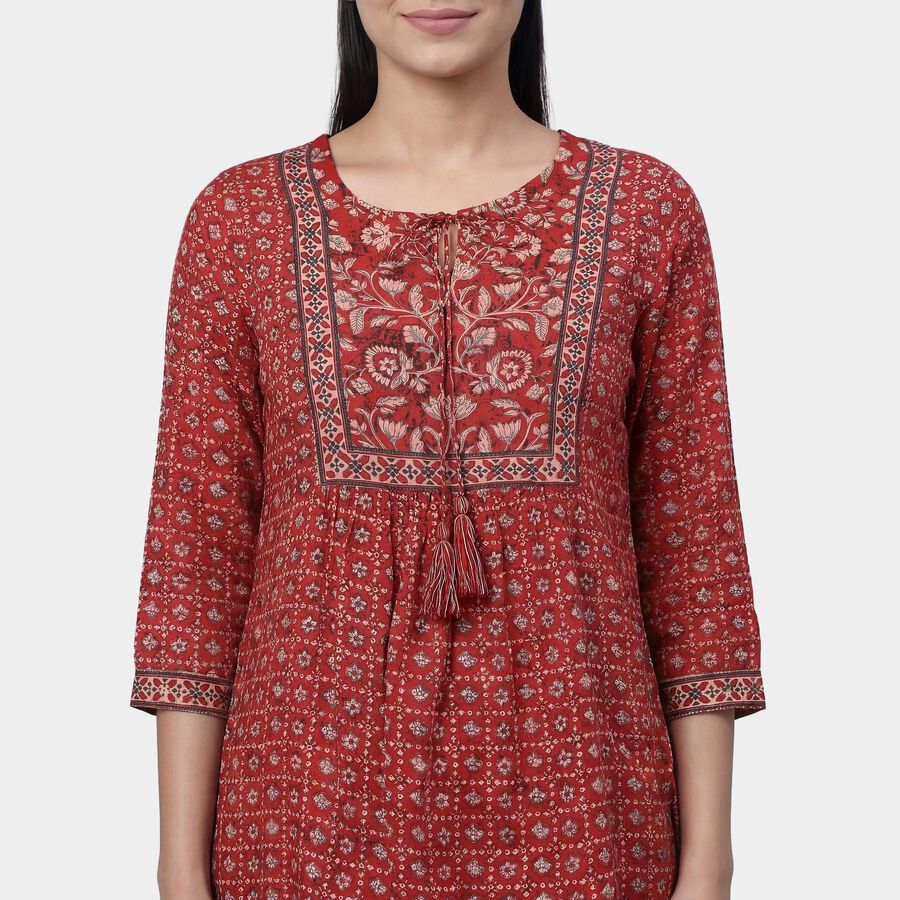 Women's Maroon Round Neck Floral Printed Kurti, मरून, large