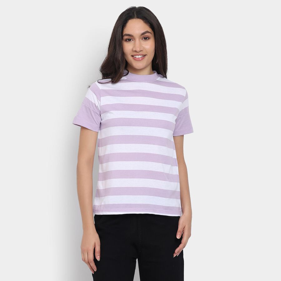 Ladies'  Stripes Round Neck T-Shirt, Lilac, large image number null