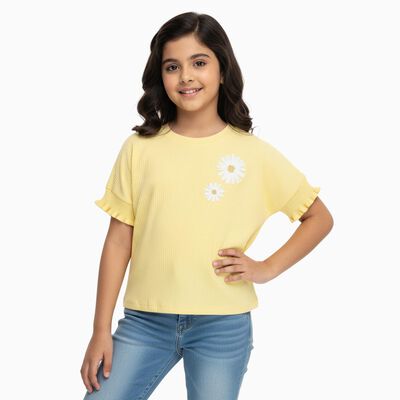 Girls Light Yellow Cotton Round Neck Casual T-Shirt