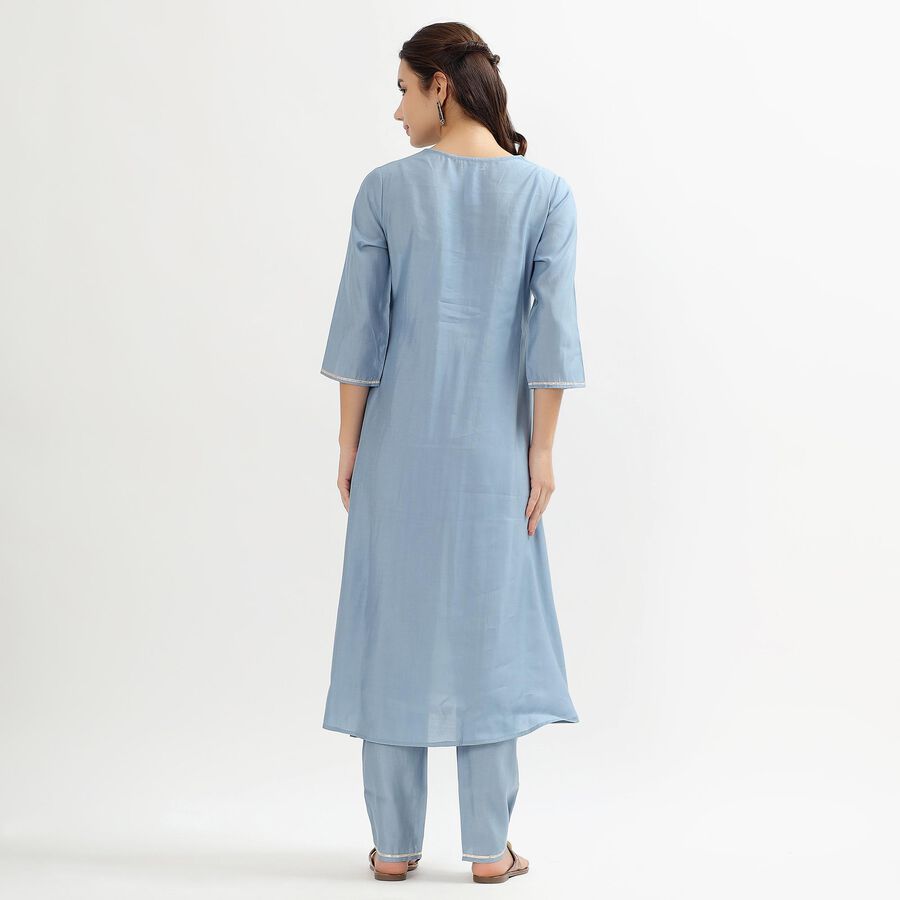 Women's Muted Powder Blue V-Neck Embroidered Flared Kurta, मध्यम नीला, large image number null