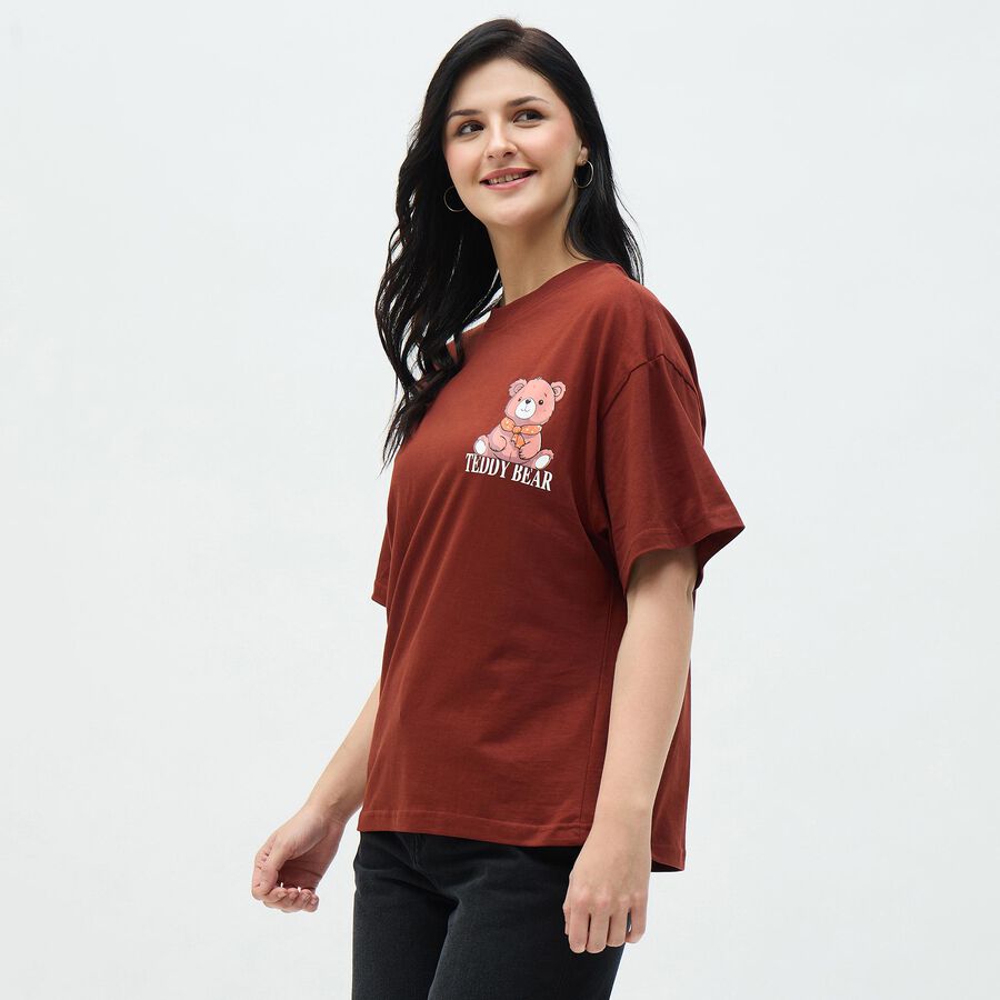 Women's Deep Rust Brown Cotton Round Neck Casual T-Shirt, Rust, large