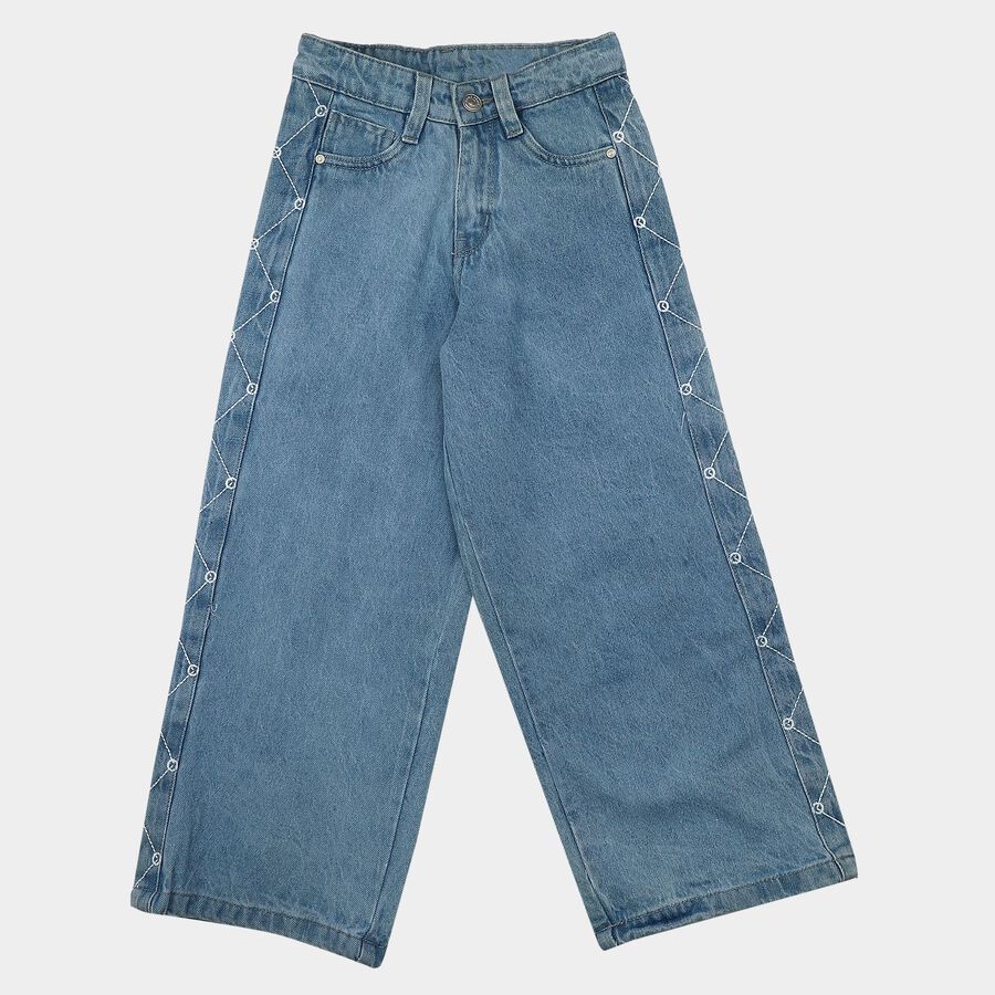 Girls Light Blue Wide Leg Lace Up Detail Jeans, Light Blue, large