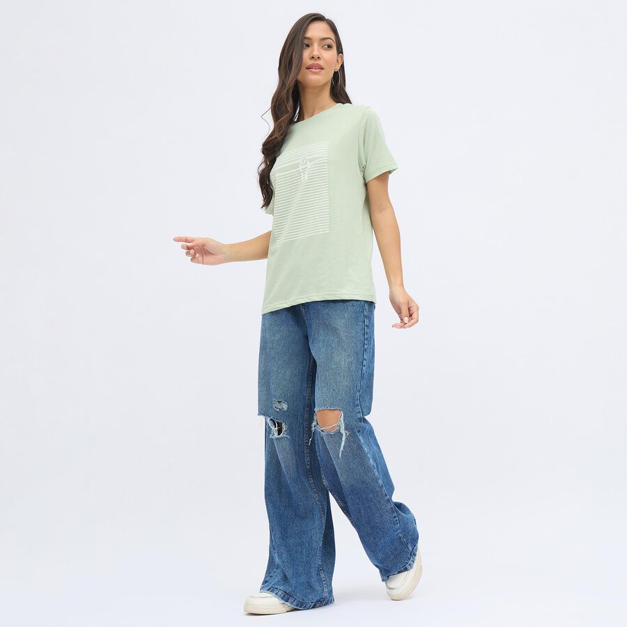 Women's Light Sage Green Round Neck Casual T-Shirt, Light Green, large