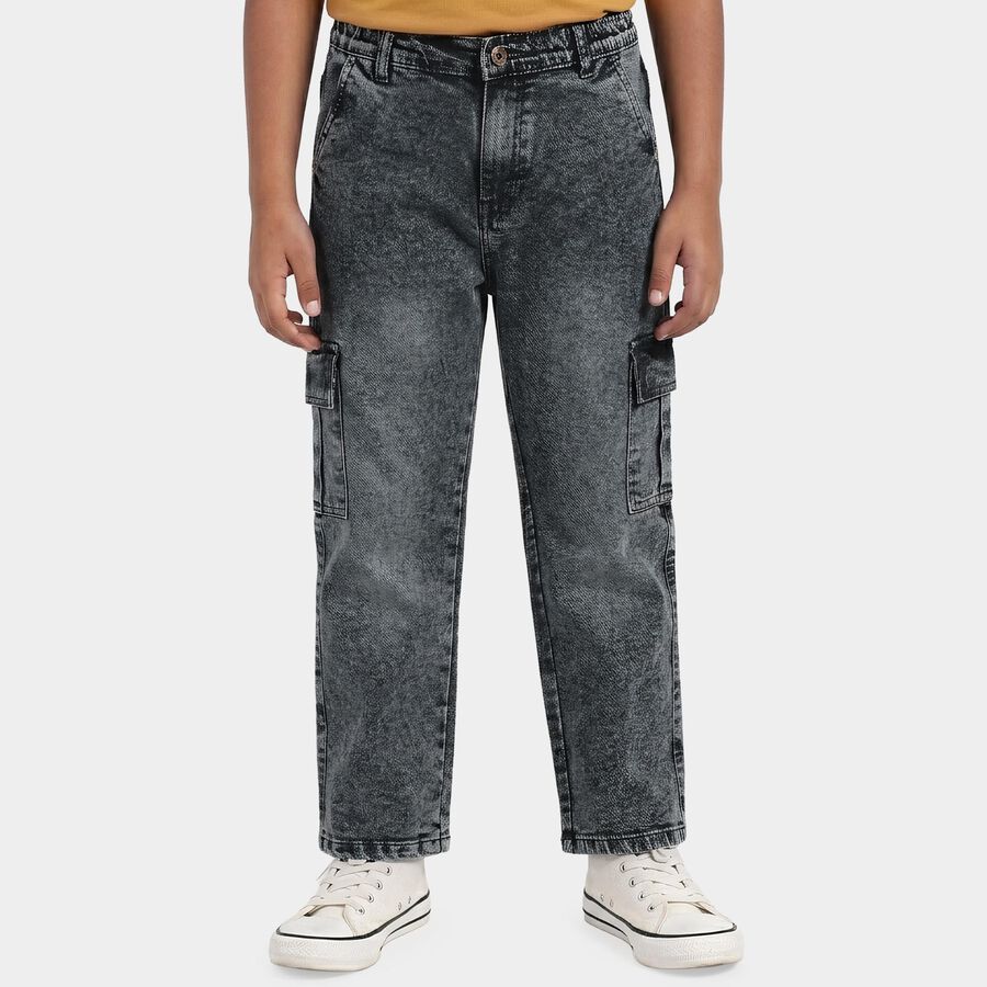 Boys Dark Grey Cargo Fit Washed Jeans, गहरा ग्रे, large