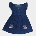 Girls' Blue Regular Fit Floral Printed Ribbon Bow Frock, Mid Blue, small