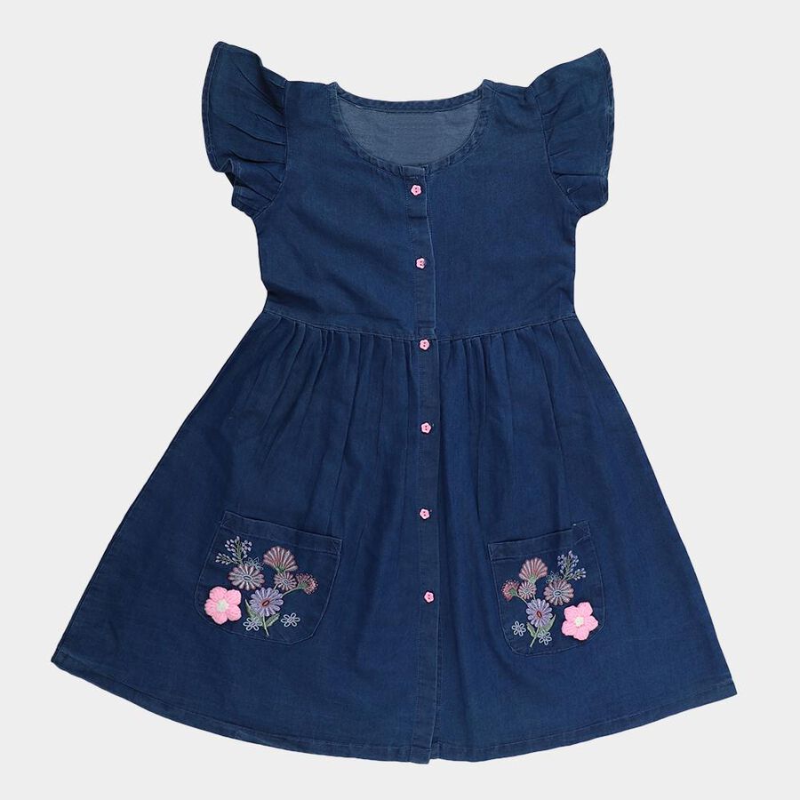Girls' Blue Regular Fit Floral Printed Ribbon Bow Frock, Mid Blue, large