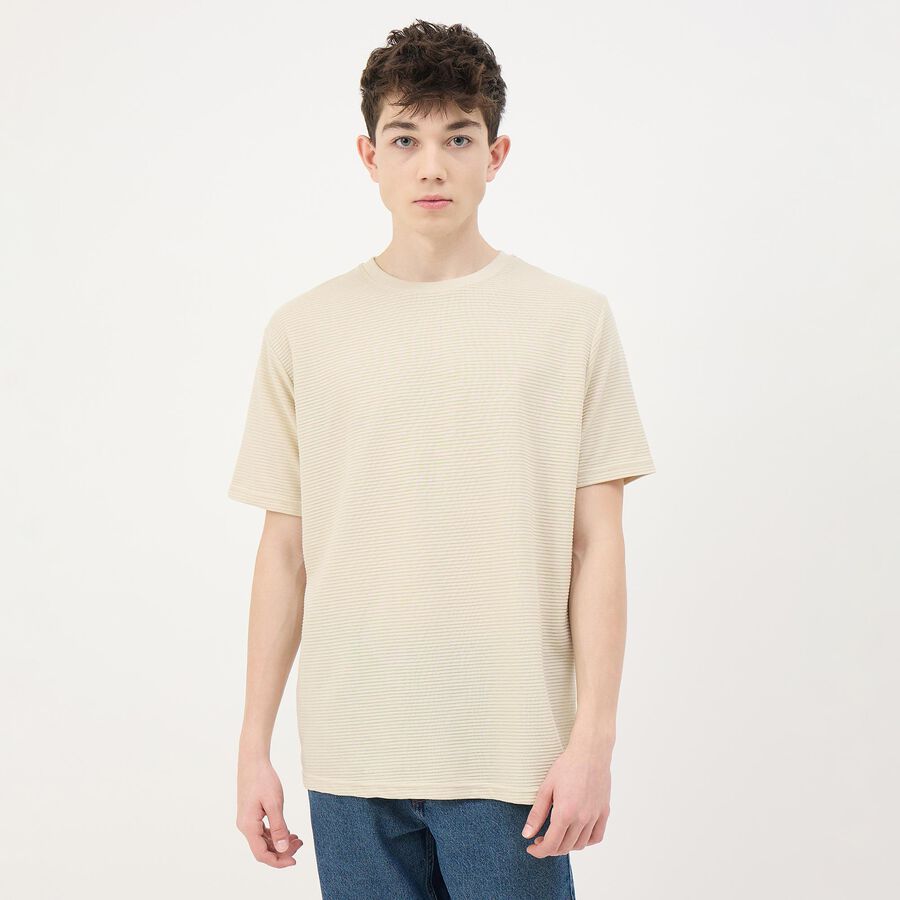 Men's Light Beige Round Neck Casual T-Shirt, Beige, large