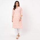 Women's Peach Cotton Round Neck Embroidered Kurta, पीच, small