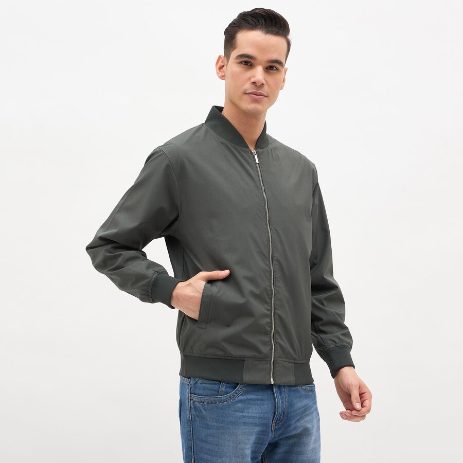 Men's Dark Olive Green Ribbed Bomber Jacket, गहरा हरा, large image number null