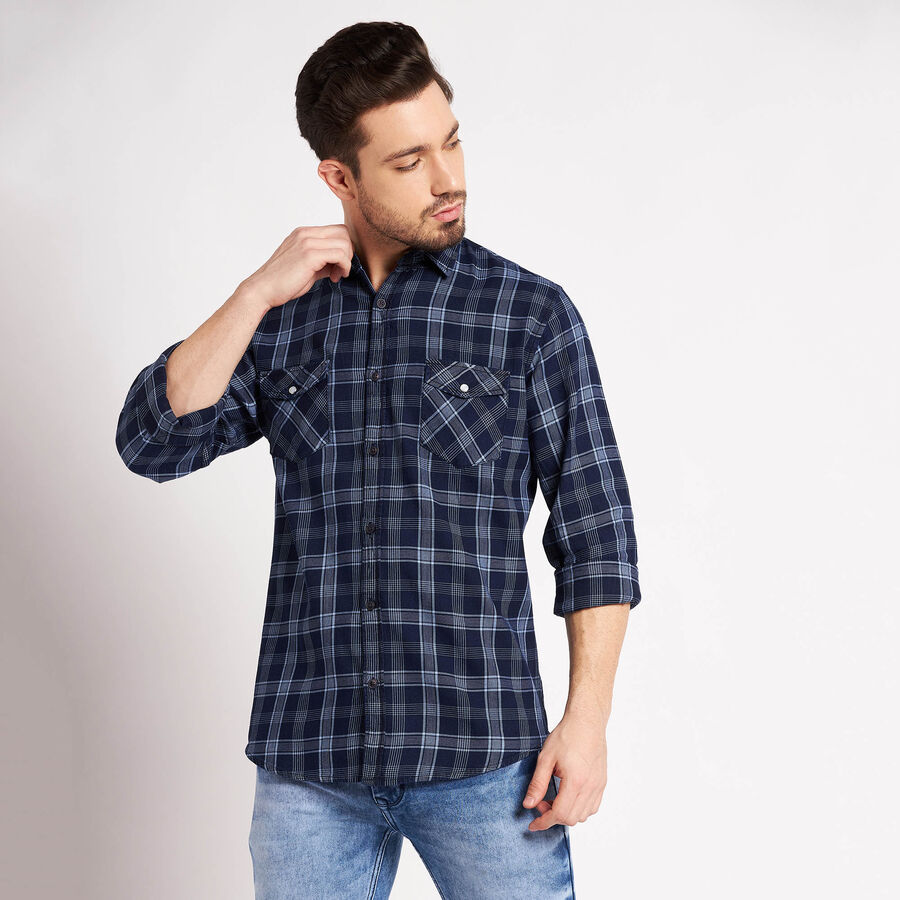 Cotton Checks Casual Shirt, Dark Blue, large image number null