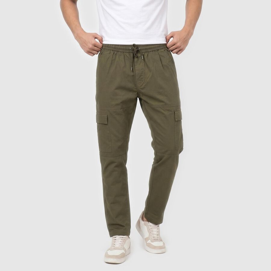 Men's Olive Green Slim Fit Cargo Trousers, Olive, large
