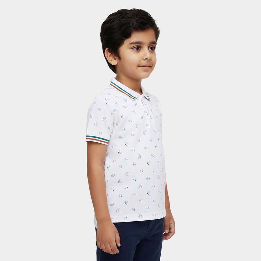 Boys' White Cotton Polo Collar Printed T-Shirt, सफ़ेद, large