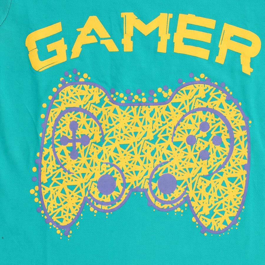 Boys Bright Turquoise Cotton Round Neck Casual T-Shirt, Dark Green, large