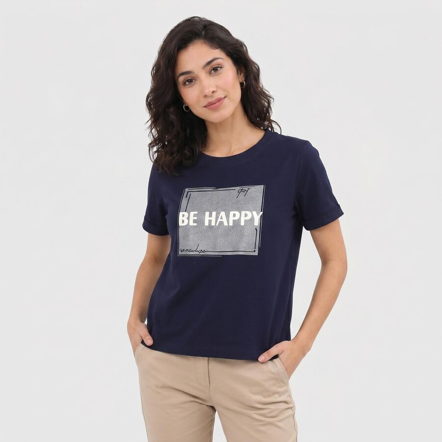 Women's Navy Blue Round Neck Regular T-Shirt, नेवी ब्लू, large