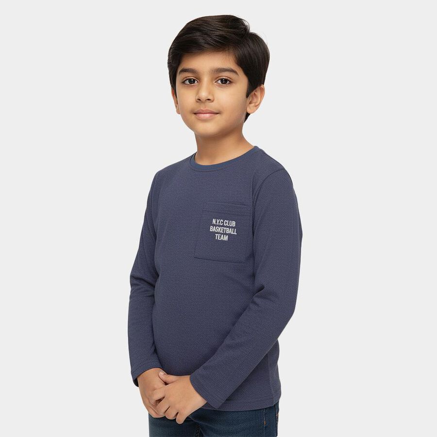 Boys' Navy Blue Round Neck Casual Full Sleeve T-Shirt, मध्यम नीला, large image number null