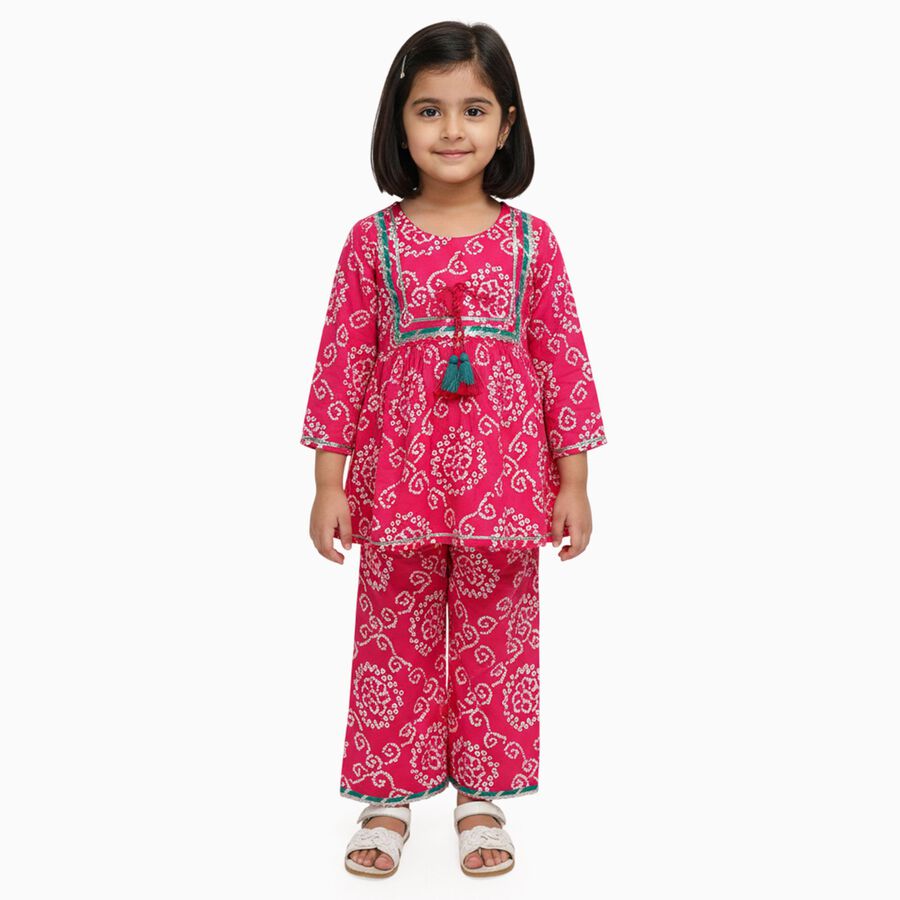 Girls' Bright Fuchsia Pink Printed Kurta and Palazzo Fusion Set, Fuchsia, large