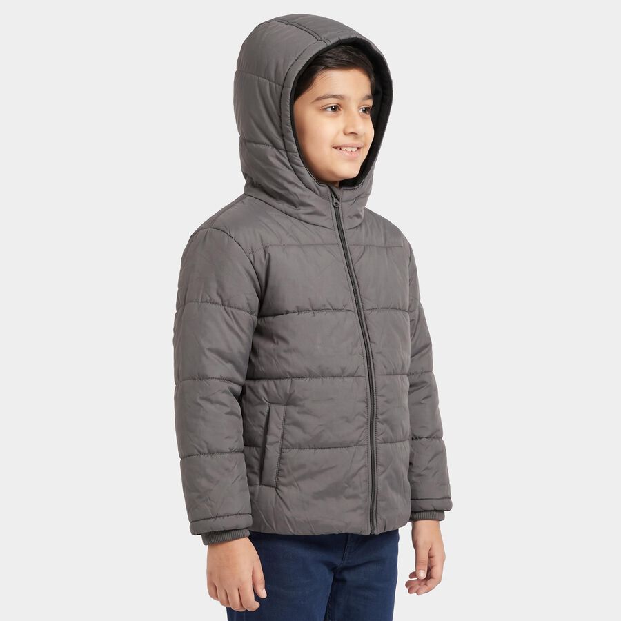 Boys Grey Hooded Puffer Jacket, Charcoal, large
