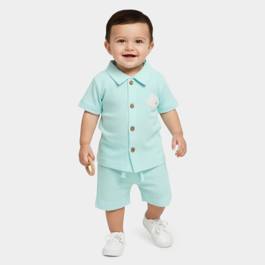 Infants' Aqua 100% Cotton Collar Textured Baba Suit, Aqua, large