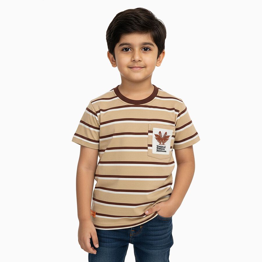 Boys Beige and Brown Crew Neck Casual T-Shirt, गहरा पीला, large