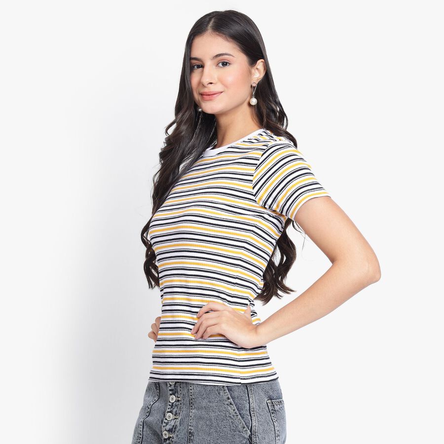 Ladies'  Stripes Round Neck T-Shirt, मस्टर्ड, large image number null