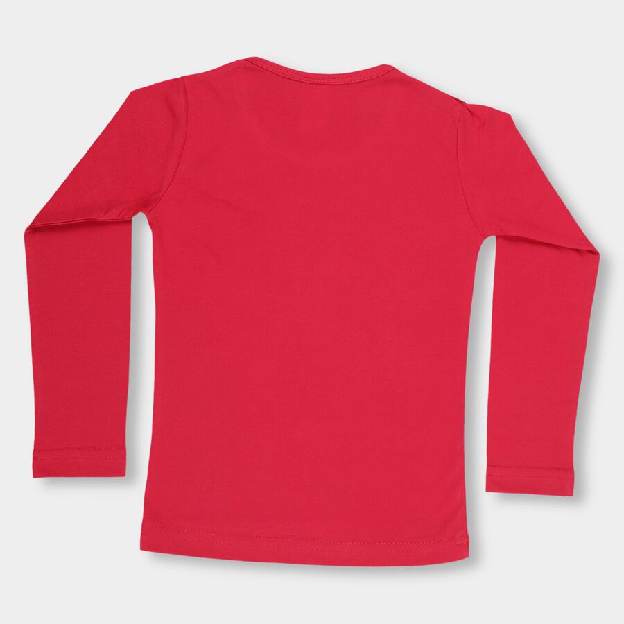 Girls' Bright Red Cotton Round Neck Casual Top, Fuchsia, large image number null