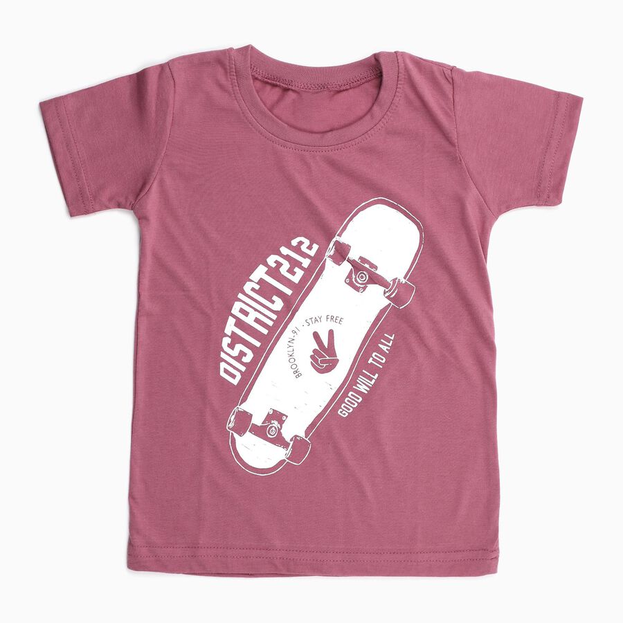 Boys Dusty Rose Pink Round Neck Casual T-Shirt, Pink, large image number null