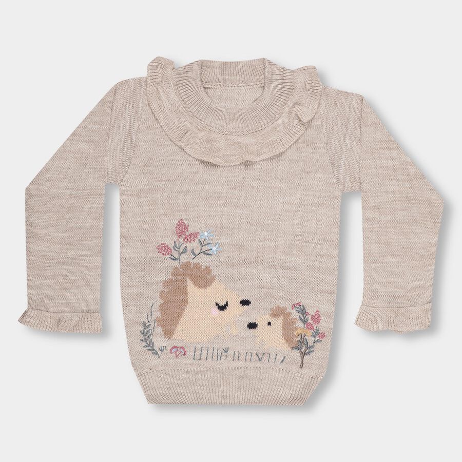 Girls Muted Beige Ruffle Neck Casual Pullover, Beige, large image number null