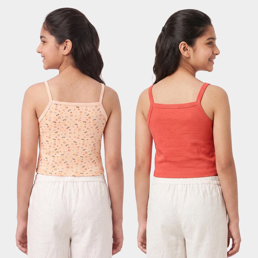 Girls' Peach Cotton Square Neck Sleeveless Vest, पीच, large