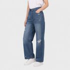 Women's Light Blue Straight Fit Distressed Jeans, हल्का नीला, small