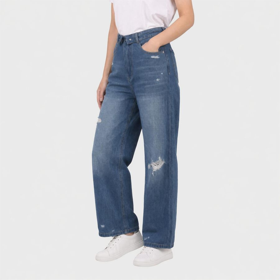 Women's Light Blue Straight Fit Distressed Jeans, हल्का नीला, large