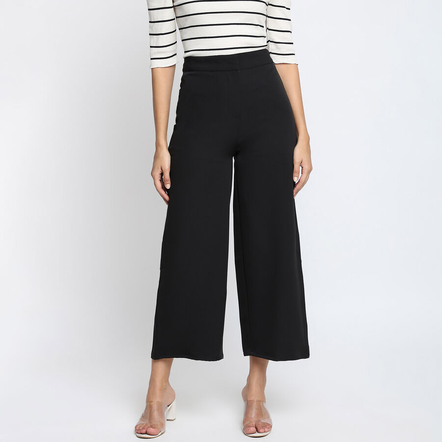 Solid High Rise Flared Trousers, Black, large image number null
