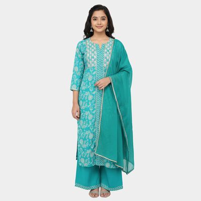 Girls Bright Teal Embroidered Kurta and Palazzo Fusion Set with Dupatta
