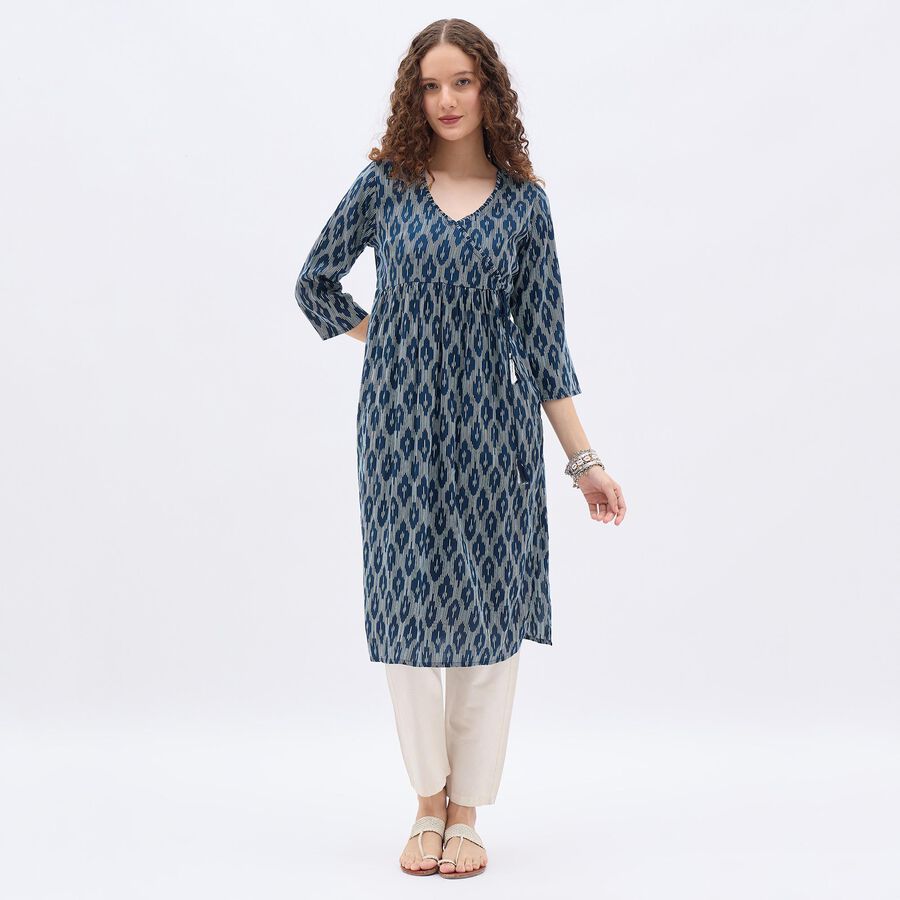 Ladies' Deep Midnight Navy Blue V-Neck Printed Kurta, Navy Blue, large image number null