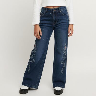 Girls' Deep Indigo Wide-Leg Embroidered Jeans