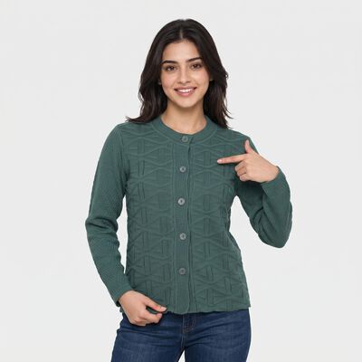 Women Green Round Neck Button-Front Cardigan