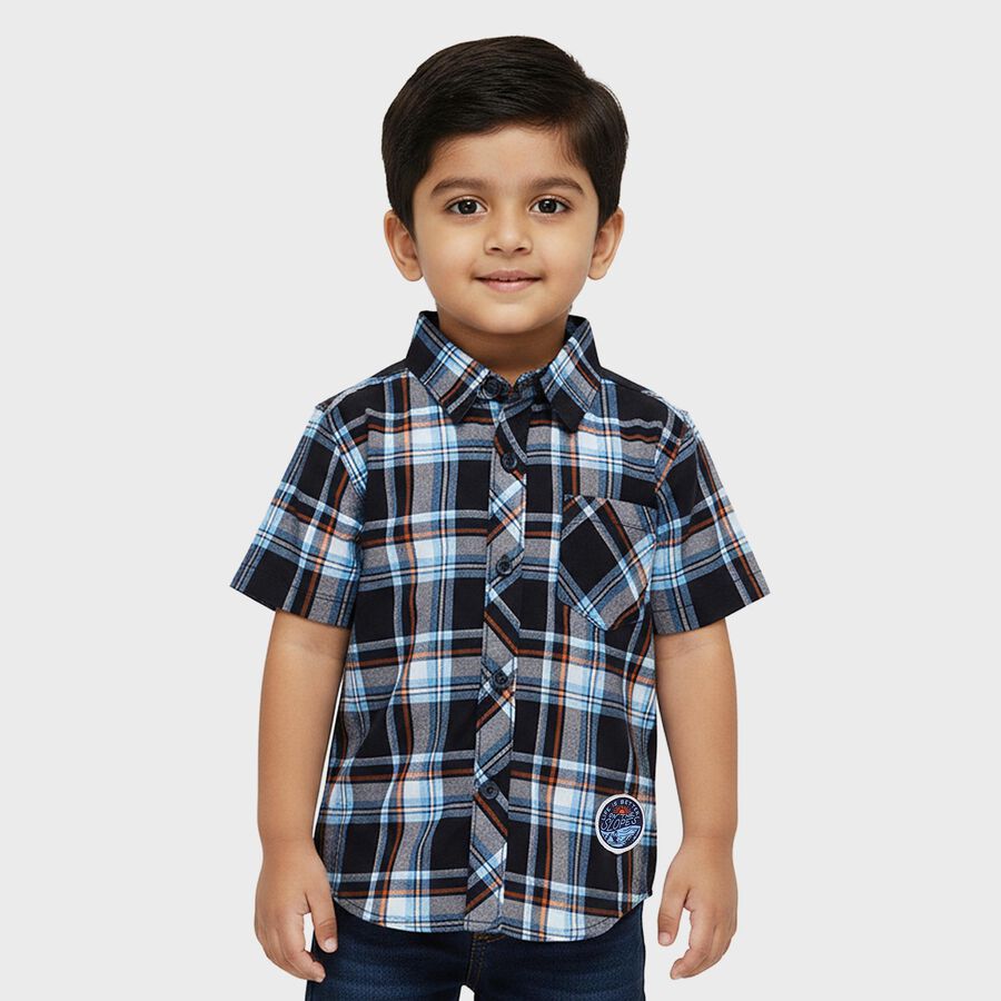 Boys Navy Blue Cotton Half Sleeve Classic Casual Shirt, Navy Blue, large