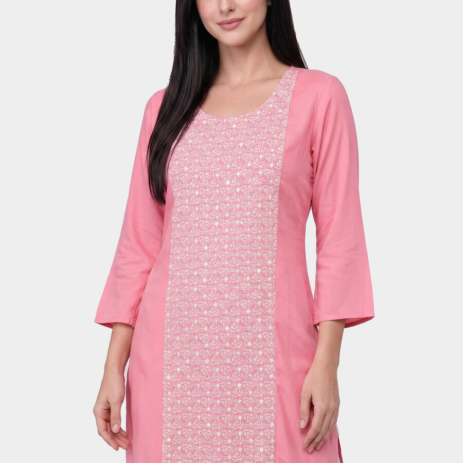Women's Pink Scoop Neck Printed Straight Kurta, Pink, large
