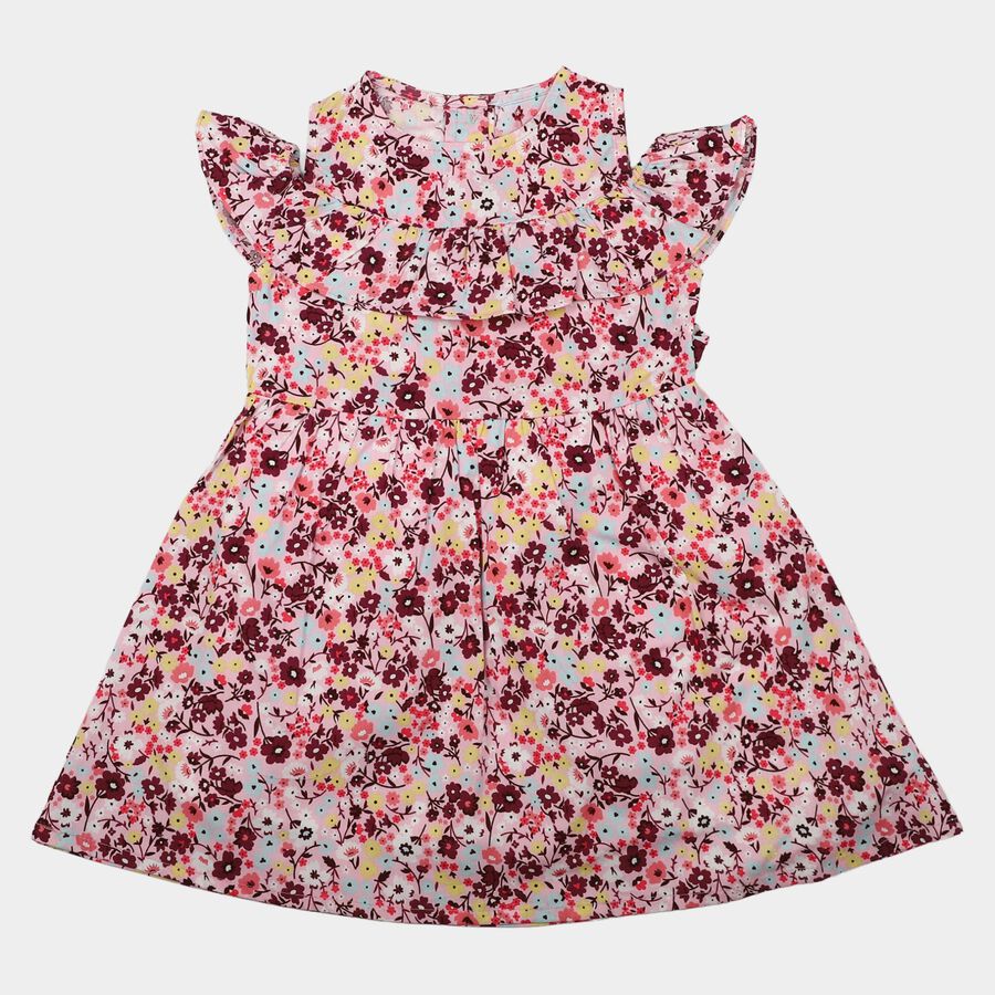 Girls' Pink Floral Printed Fit and Flare Frock, Light Pink, large