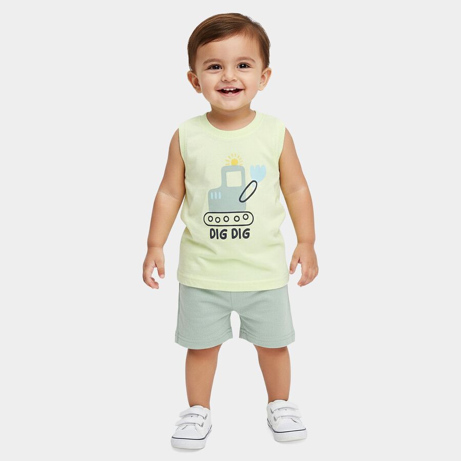 Infants' Green 100% Cotton Polo Neck Printed Baba Suit, Light Green, large