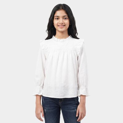 Girls White Round Neck Regular Top