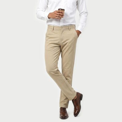 Men's Beige Slim Fit Flat-Front Casual Trousers