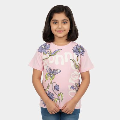 Girls Light Pink Cotton Round Neck Casual T-Shirt