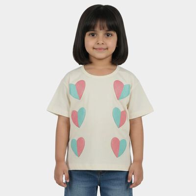 Girls White Cotton Round Neck Casual T-Shirt