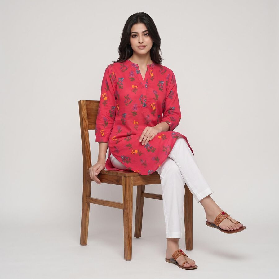 Women's Fuchsia Cotton Band Collar Floral Printed Straight Kurta, Fuchsia, large