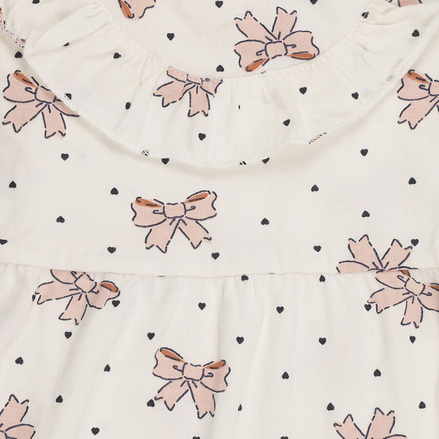 Girls' Soft Ivory White Bow Print Long Sleeve Frock, ऑफ व्हाइट, large image number null