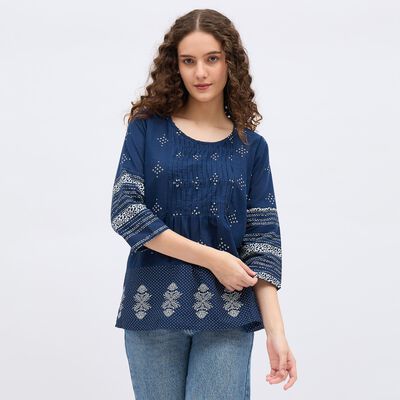 Women's Dark Blue Cotton Round Neck Printed Kurti, Dark Blue Women's Dark Blue Cotton Round Neck Printed Kurti