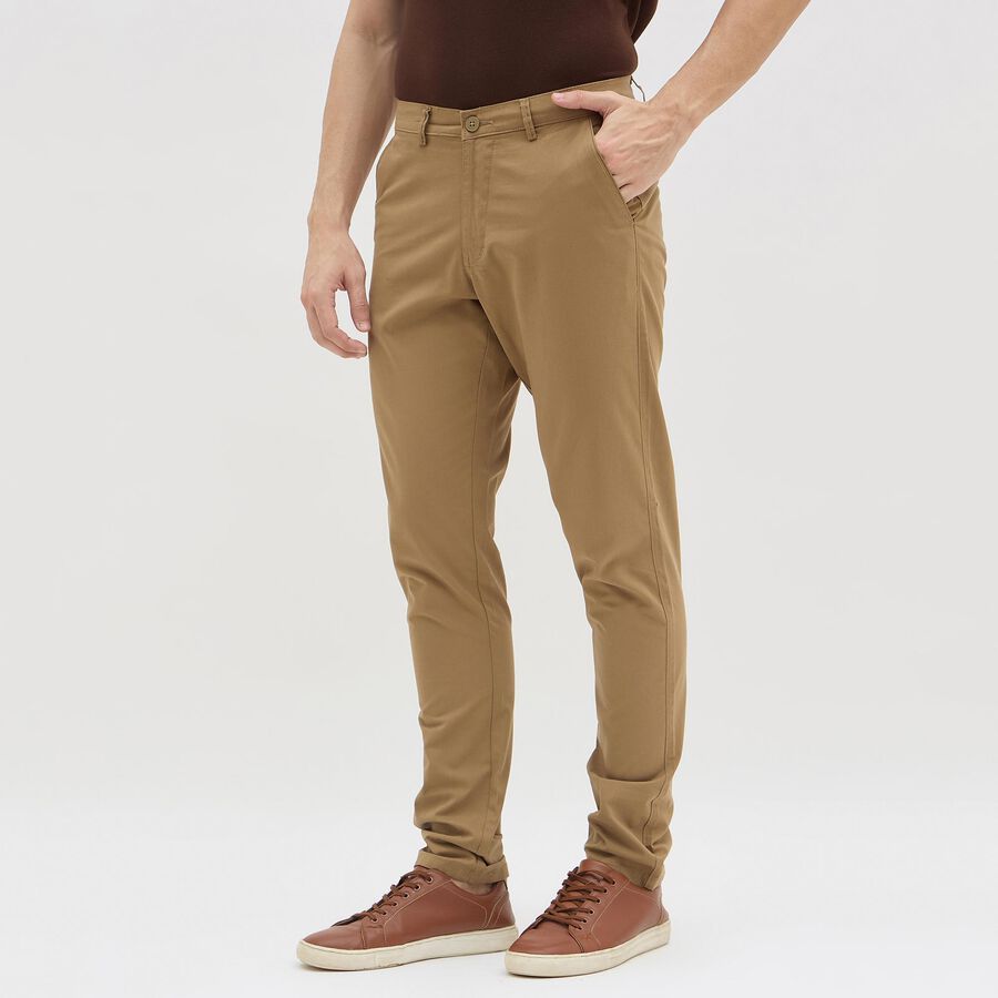 Men's Beige Slim Fit Flat-Front Casual Trousers, Khaki, large