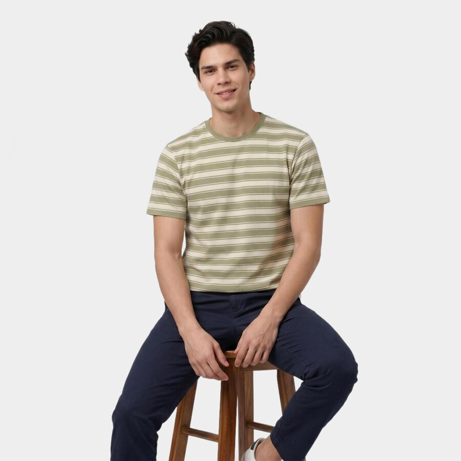 Men's Green Round Neck Regular T-Shirt, हल्का हरा, large