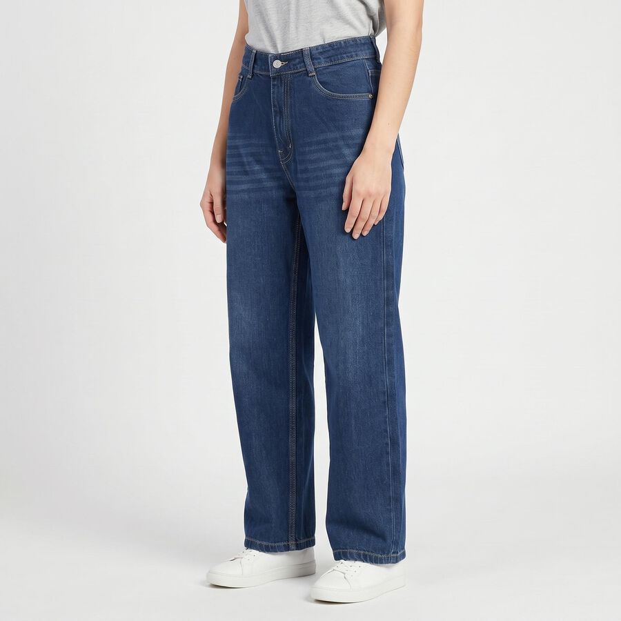 Women's Blue Wide Leg Washed Jeans, Mid Blue, large