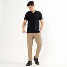 Men's Muted Beige Slim Fit Flat-Front Casual Trousers, Beige, small
